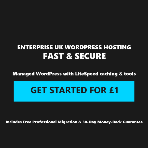 HostSys UK managed WordPress hosting banner displaying high performance LiteSpeed caching specifications with a trial promotional deal from one pound