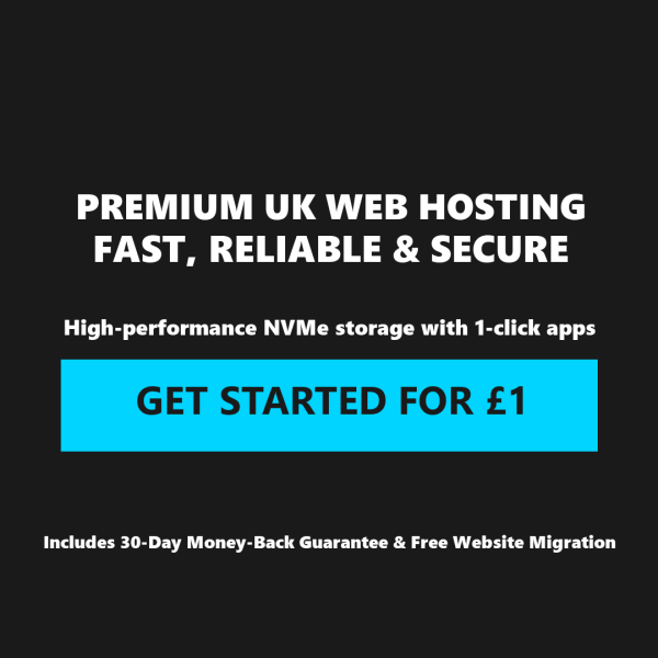 HostSys UK web hosting banner displaying high performance NVMe storage specifications with a one click app installer promotional deal from one pound