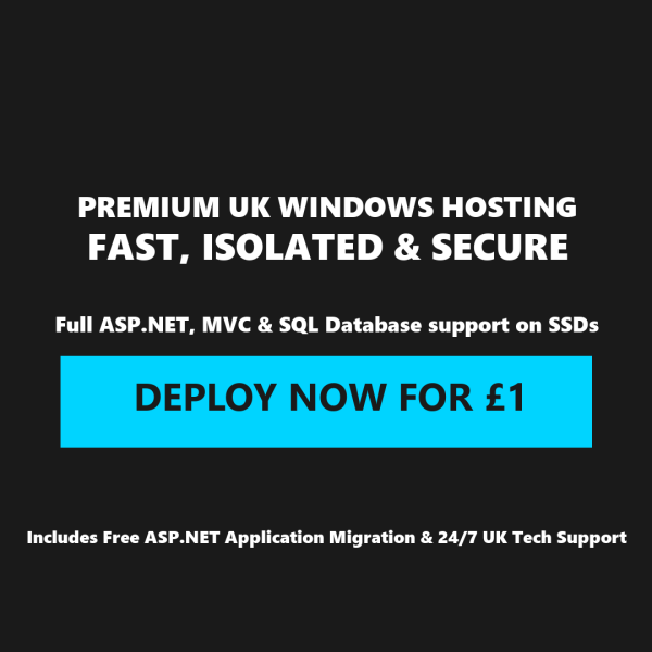 HostSys UK Windows hosting banner displaying ASP.NET Framework and SQL Database specifications with an enterprise development promotional deal from one pound